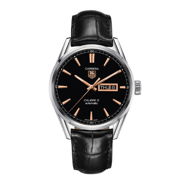 Tag Heuer Carrera Calibre 5 Black Leather Strap Black Dial Automatic Watch for Gents - WAR201C.FC6266