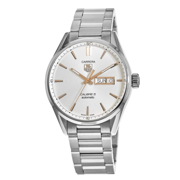 Tag Heuer Carrera Calibre 5 Silver Stainless Steel White Dial Automatic Watch for Gents - WAR201D.BA0723