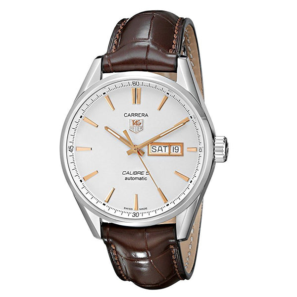 Tag Heuer Carrera Calibre 5 Brown Leather Strap White Dial Automatic Watch for Gents - WAR201DFC6291