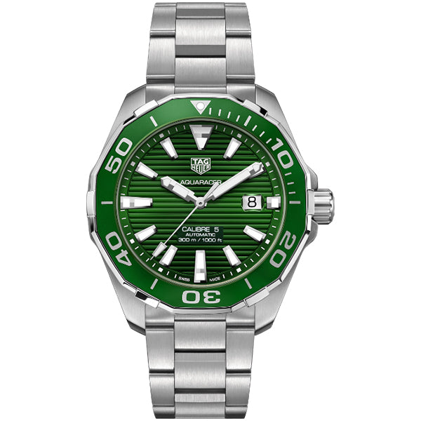 Tag Heuer Aquaracer Calibre 5 Silver Stainless Steel Green Dial Automatic Watch for Gents- WAY201S.BA0927