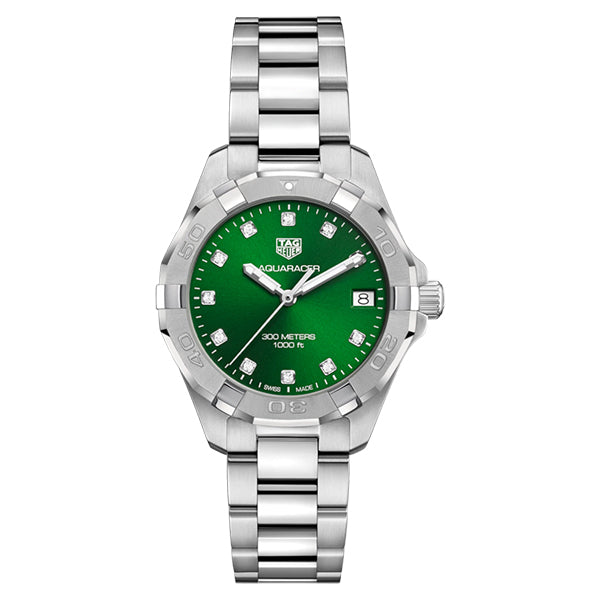 Tag Heuer Aquaracer Silver Stainless Steel Green Dial Quartz Watch for Ladies- WBD1316.BA0740