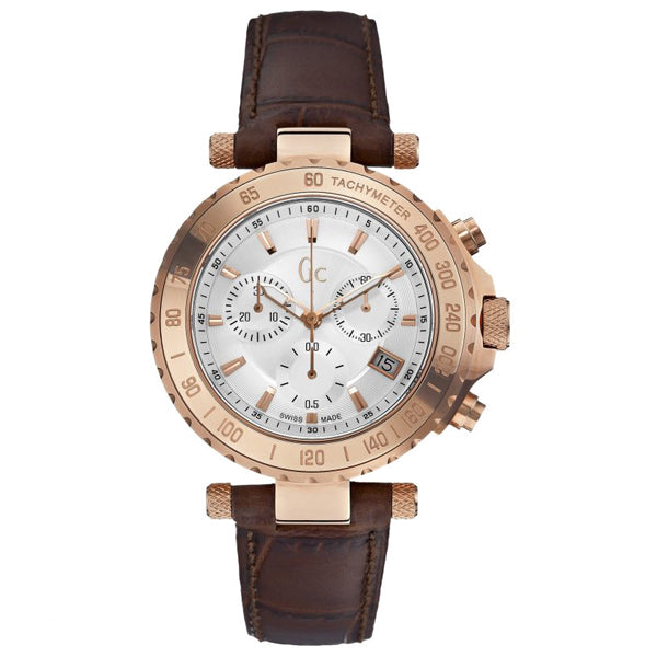 Guess Collection Brown Leather Strap Silver Dial Chronograph Quartz Watch for Gents - X58004G1S
