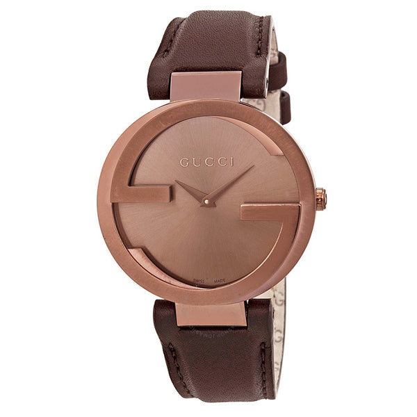 Gucci Interlocking Brown Leather Brown Dial Quartz Watch for Ladies - YA133309