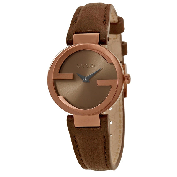 Gucci Interlocking Brown Leather Bronze Dial Quartz Watch for Ladies - YA133504