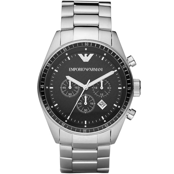 Emporio Armani Classic Silver Stainless Steel Black Dial Chronograph Quartz Watch for Gents - AR0585