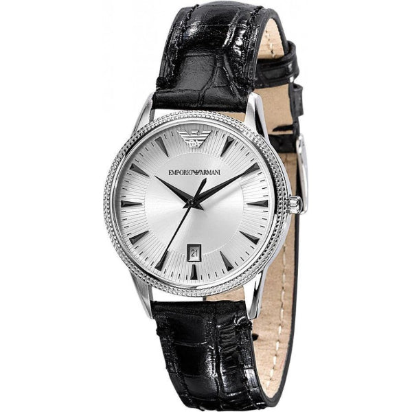 EMPORIO ARMANI Classic Black Leather Strap Silver Dial Quartz Watch for Ladies - AR2443