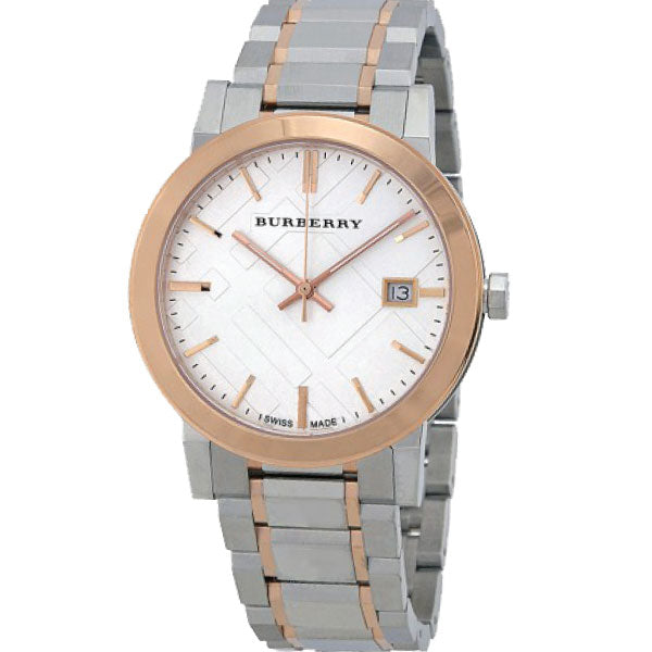 Close up Front Side view Burberry City Two-tone Stainless Steel Silver Dial Quartz Unisex Watch with White Background