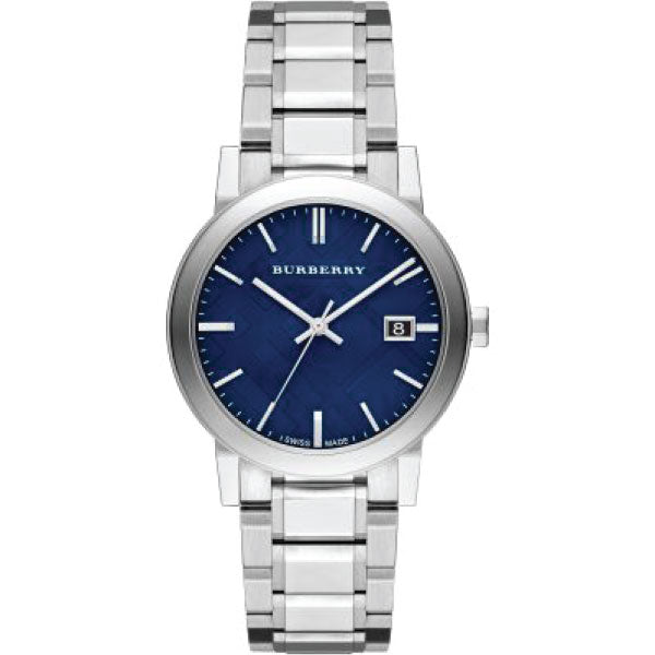 Closeup Front side View of Burberry City Silver Stainless Steel Blue Dial Quartz Watch for Gents with White background