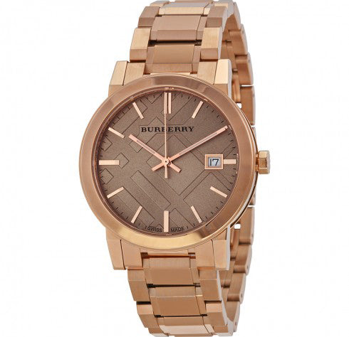 A Front side Closeup veiw of Burberry Rose Gold Stainless Steel Rose Gold Dial Quartz Watch for Ladies with White Background 