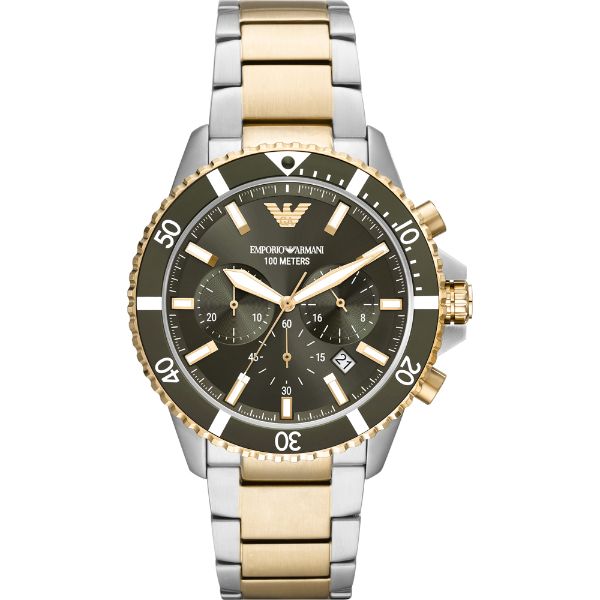 EMPORIO ARMANI Diver Two-Tone Stainless Steel Green Dial Chronograph Quartz Watch for Gents - AR 11361