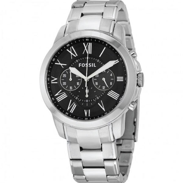 Fossil Grant Silver Stainless Steel Black Dial Chronograph Quartz Watch for Gents - FS4736