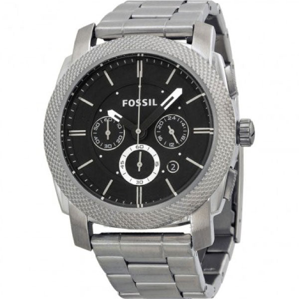 Fossil Machine Silver Stainless Steel Black Dial Quartz Watch for Gents - FS4776