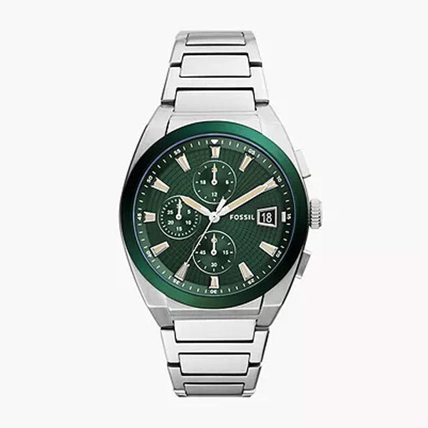 Fossil Everett Silver Stainless Steel Green Dial Chronograph Quartz Watch for Gents - FS5964