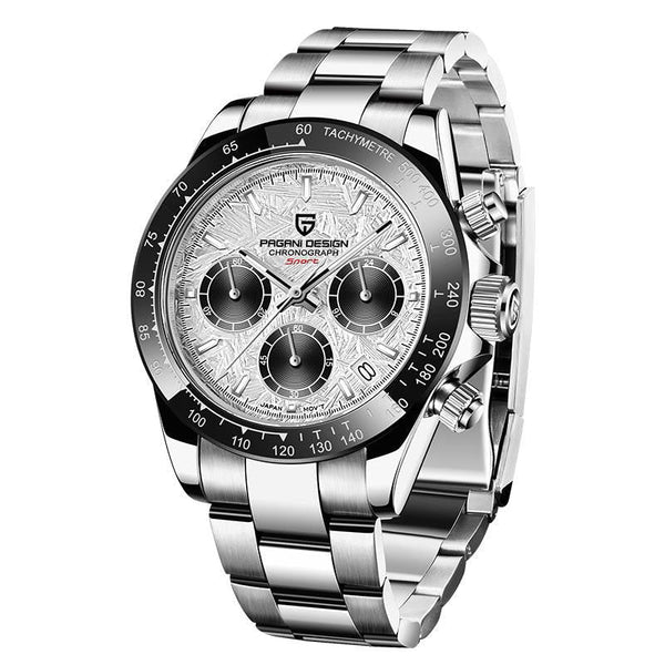 Pagani Design Silver Stainless Steel White Meteorite Dial Chronograph Quartz Watch for Gents - PD1644