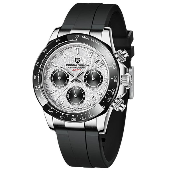 Pagani Design Black Silicone Strap White Dial Chronograph Quartz Watch for Gents - PD1664