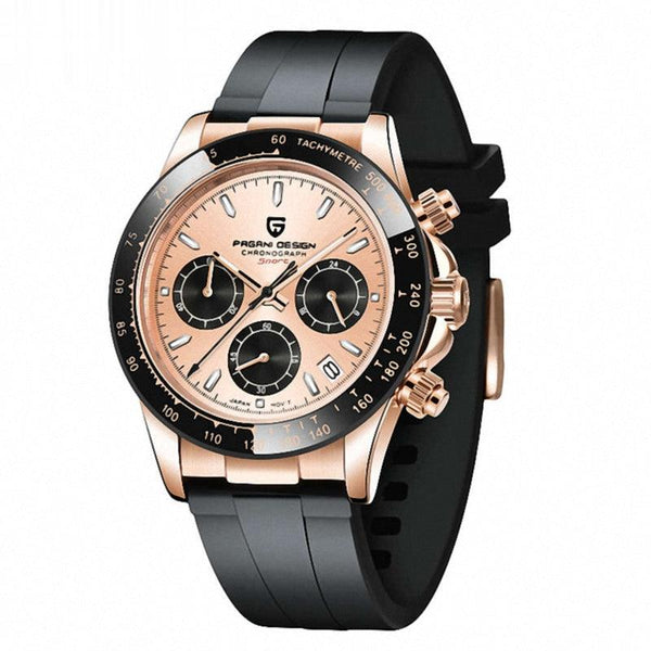 Pagani Design Black Silicone Strap Rose Gold Dial Chronograph Quartz Watch for Gents - PD1664