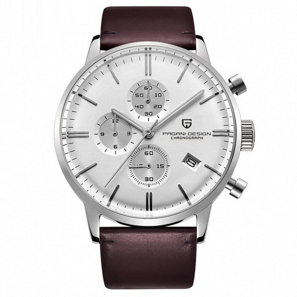Pagani Design Brown Leather Strap White Dial Chronograph Quartz Watch for Gents - PD2720K