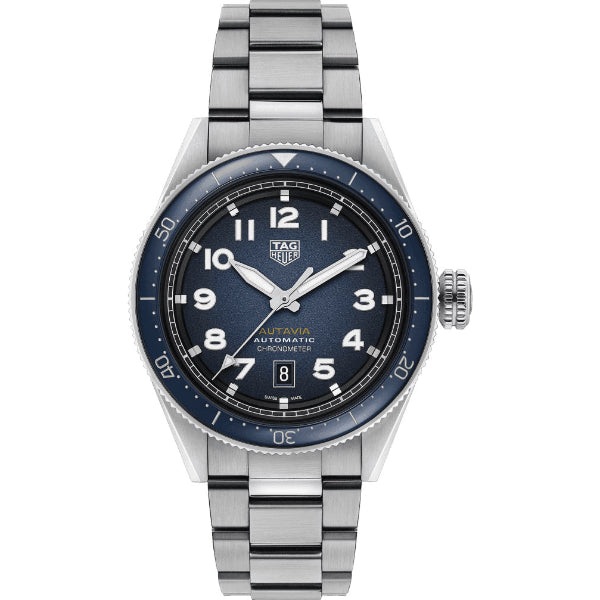 Tag Heuer Autavia Isograph Calibre 5 Silver Stainless Steel Navy Blue Dial Automatic Watch for Gents- WBE5112.EB0173