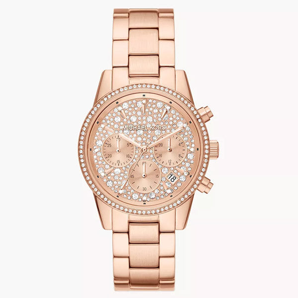 Michael Kors Ritz Rose Gold Stainless Steel Rose Gold Dial Chronograph Quartz Watch for Ladies - MK7302