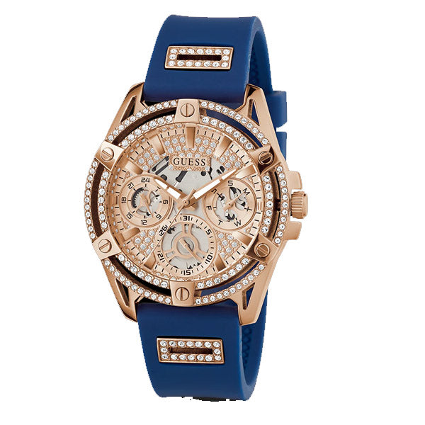 Guess Queen Blue Silicone Strap Rose Gold Dial Quartz Watch for Ladies - GW0536L5