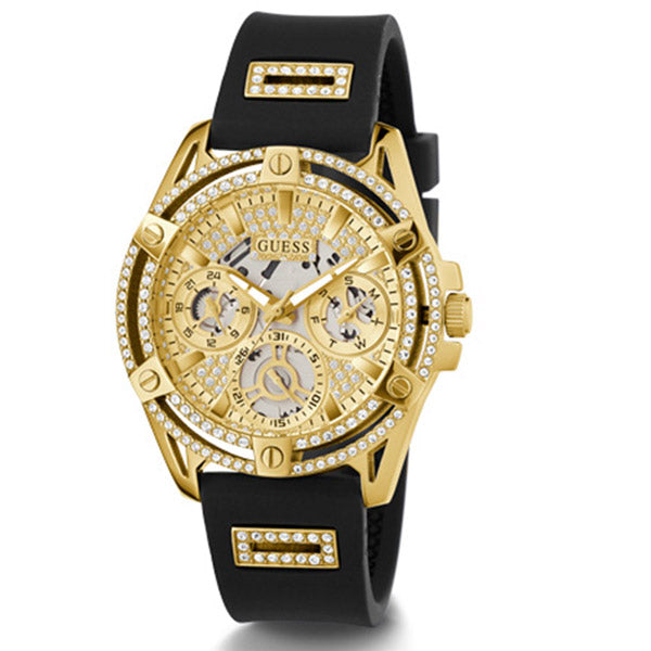 Guess Queen Black Silicone Strap Gold Dial Quartz Watch for Ladies - GW0536L3